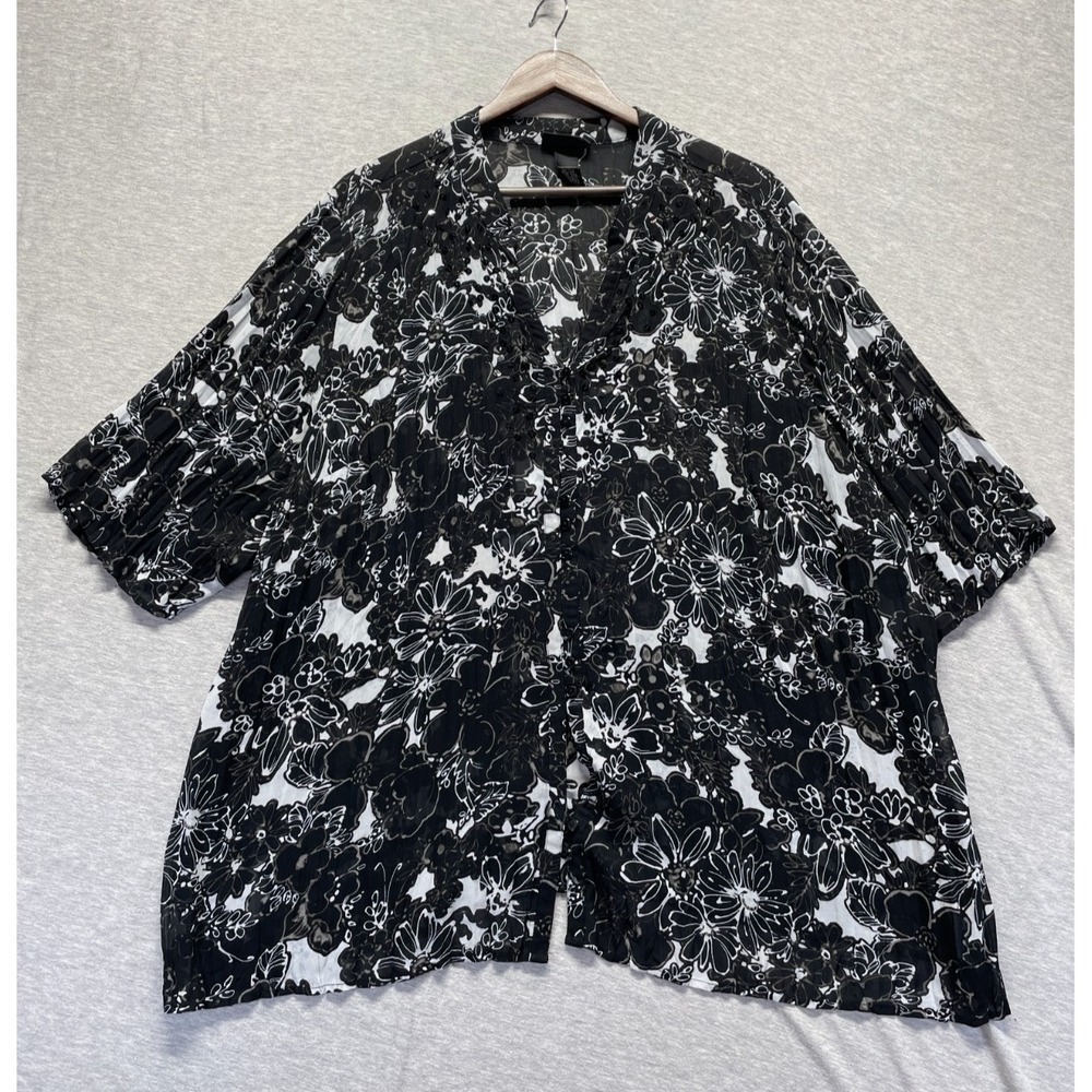Lane Bryant Semi Sheer Blouse Top Womens 26/28 Black White Floral Print Sequin